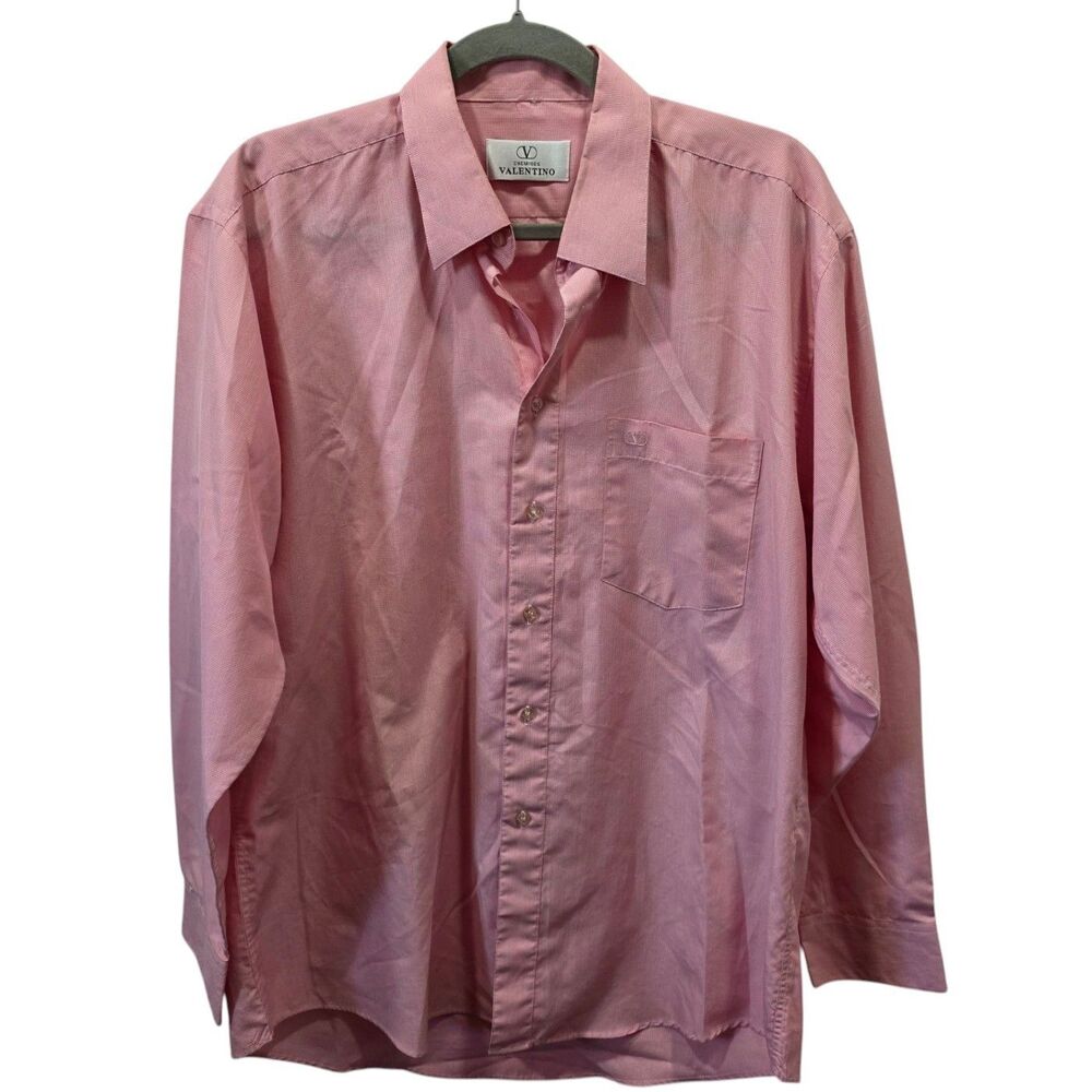 Chemises Valentino Pink Houndstooth Shirt 16.5 42 Vintage Button Down V Logo XL